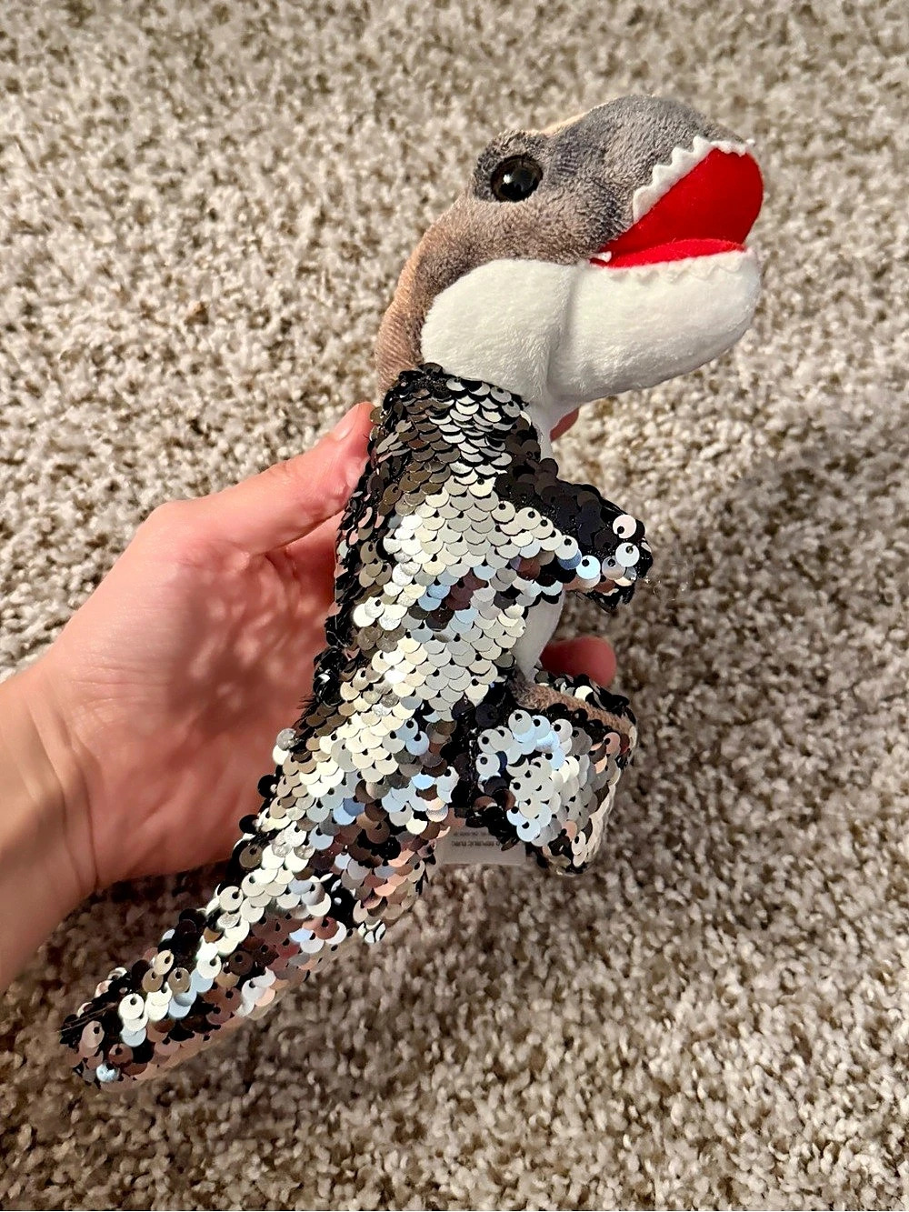 Wild Republic T-Rex Dinosaur Snap Wrist 7" Plush Toy Dark Grey Sequins Kidcore